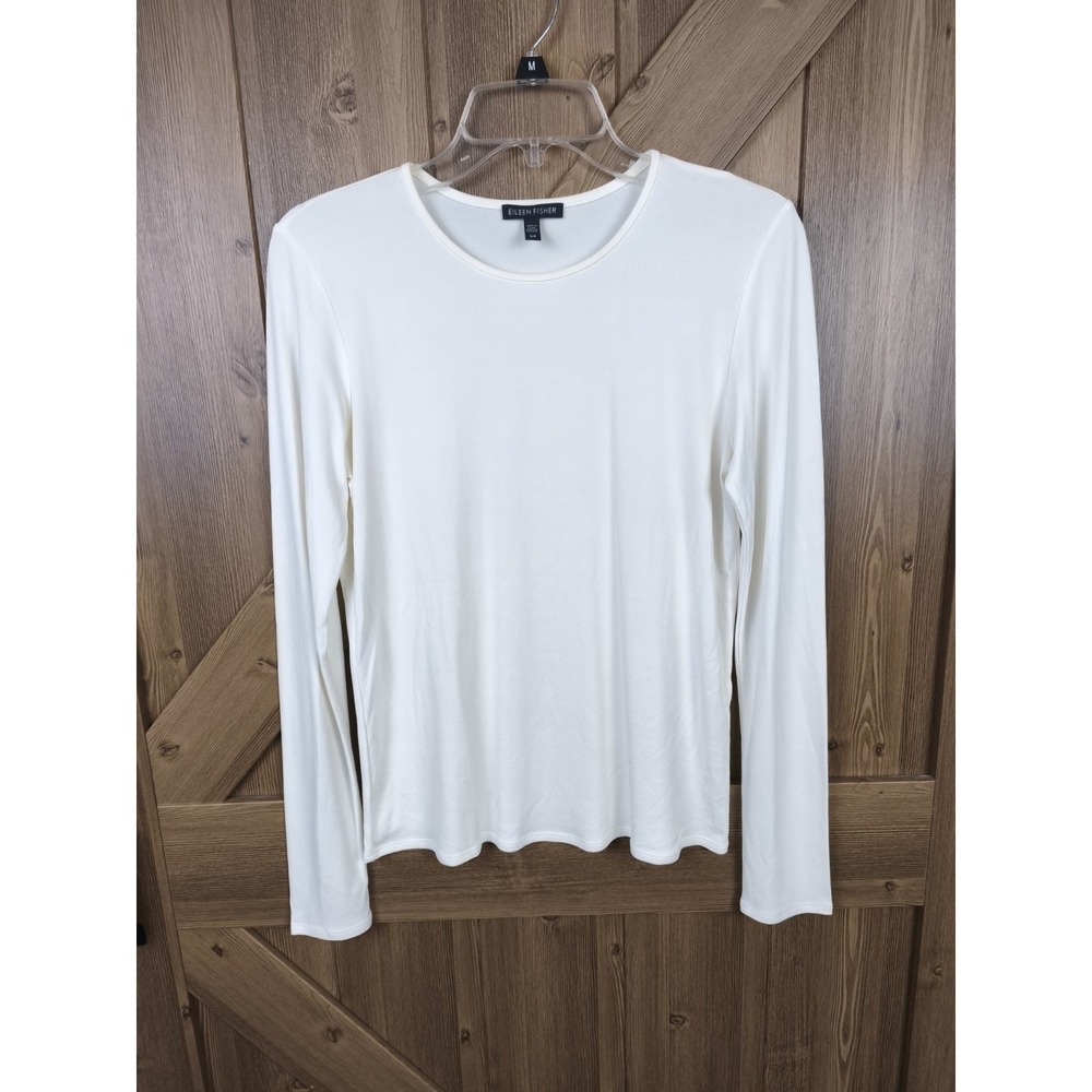 Eileen Fisher White Stretch Knit Long Sleeve Top Round Neck Size Small